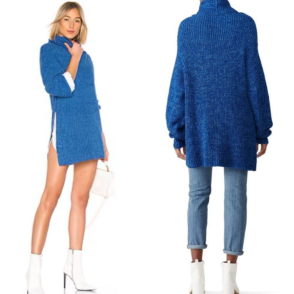 FREE PEOPLE Eleven Sweater in Blue Turtleneck Sweater side slit XS